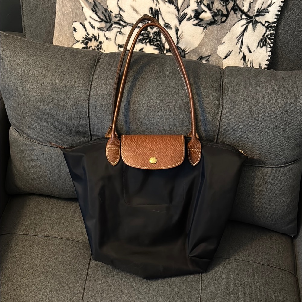 Longchamp Black and Brown Tote Bag with Leather Trim